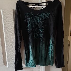 Affliction Black and Teal Graphic Long Sleeve Tee
